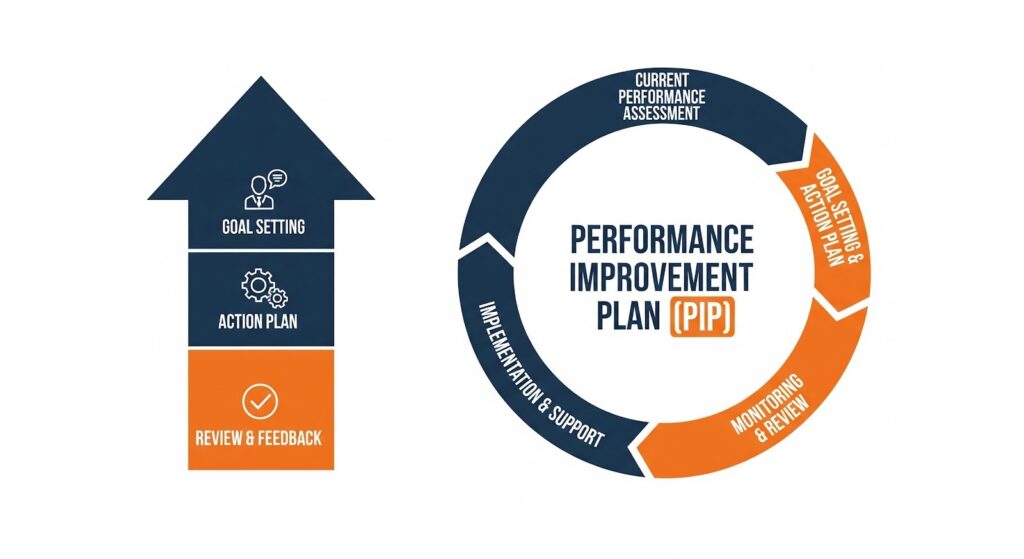 Performance Improvement Plan (PIP) process showing assessment, goal setting, action plan, monitoring, and feedback cycle