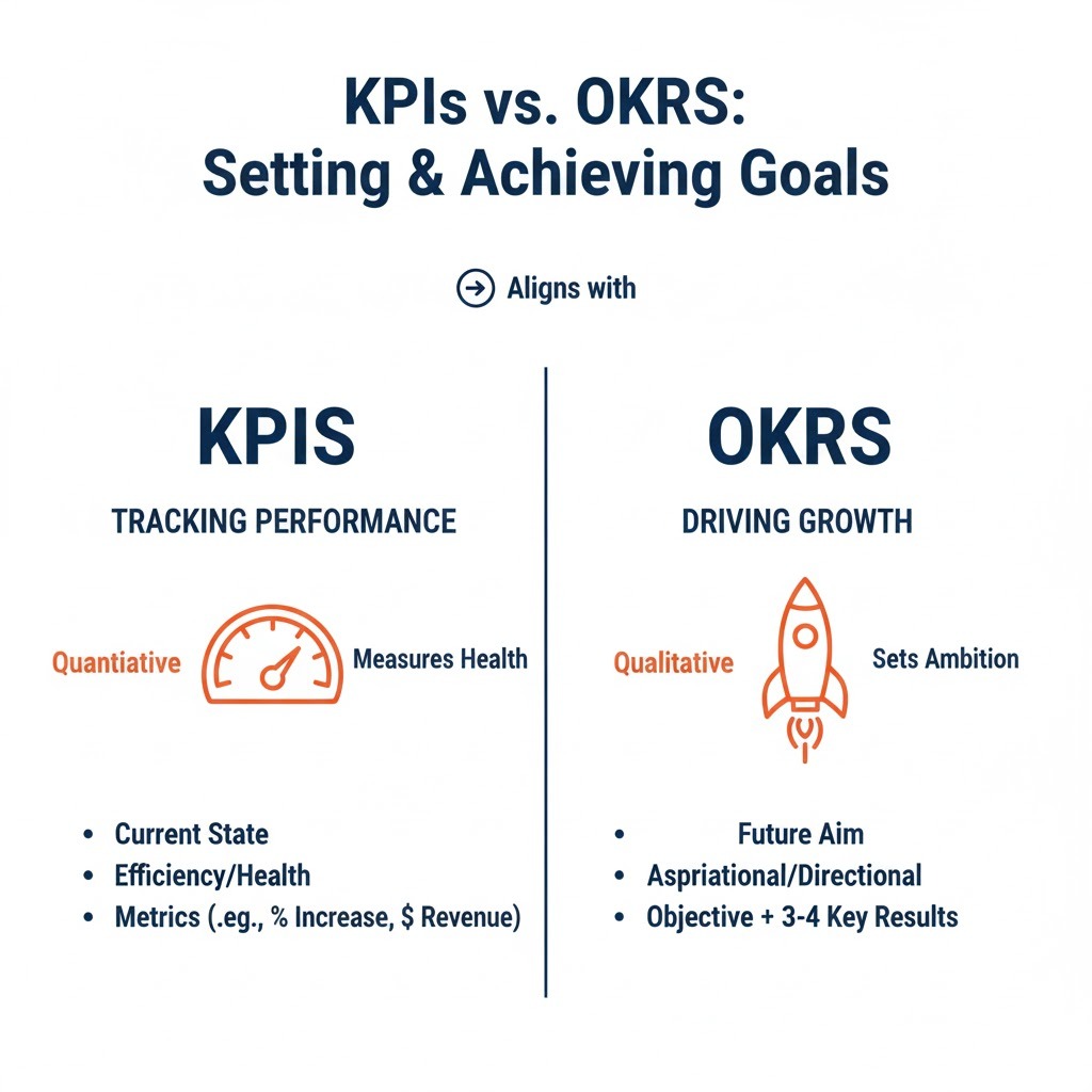 Infographic comparing KPIs and OKRs, showing how KPIs track performance through measurable data while OKRs drive growth with ambitious objectives and key results.