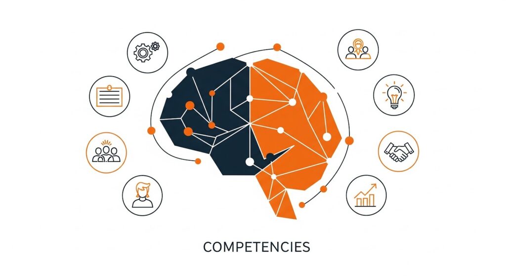 Illustration showing competencies as interconnected skills driving performance, growth, and teamwork