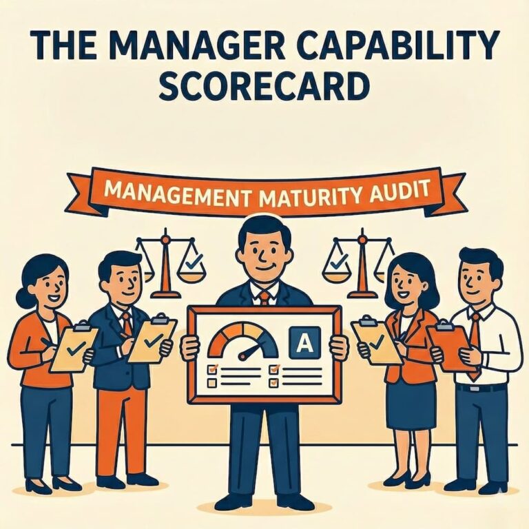 Illustration of the Manager Capability Scorecard showing a management maturity audit with managers reviewing performance results.