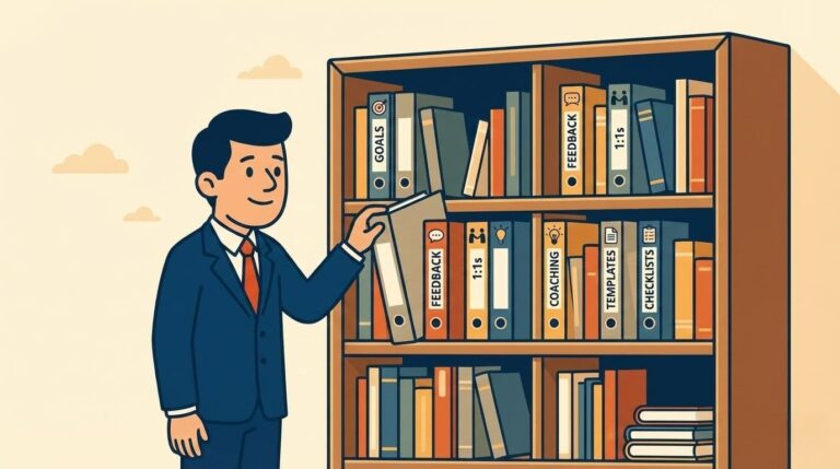 Illustration of a manager selecting tools and documents from a bookshelf representing essential manager resources such as feedback guides, coaching templates, checklists, and goal-setting tools.